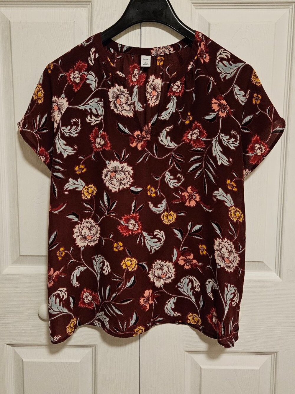 Old Navy Women's Burgundy Floral Short-Sleeve Boho Cottagecore Blouse Size M
